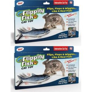 Ontel Flippity Fish Interactive Cat Toy with Catnip & Fishing Pole – Touch Activated, Rechargeable Pet Toy to Help Reduce Stress & Bad Behavior – As Seen on TV (Pack of 2)