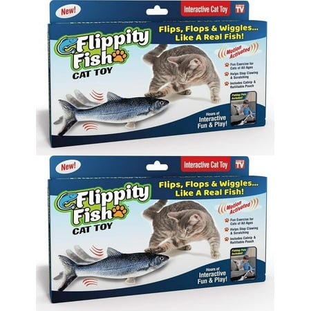 Ontel Flippity Fish Interactive Cat Toy with Catnip & Fishing Pole – Touch Activated, Rechargeable Pet Toy to Help Reduce Stress & Bad Behavior – As Seen on TV (Pack of 2)