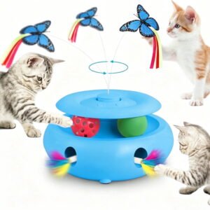 Gmdisc Interactive Cat Toys,3 in 1 Automatic Kitten Toy With Fluttering Butterfly,Moving Feather,Track Balls,USB Powered (Blue)