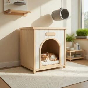 Pefilos Cedar Indoor Dog House for Small Dogs & Cats, Dual-Function Pet Bed with Side Table Top, FSC-Certified Solid Wood, Removable Cushion, Beige