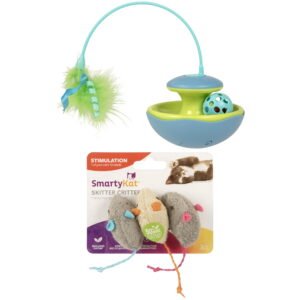 SmartyKat Cat Hunting Play Bundle, Track Wobbler Electronic Motion Toy with Spinning Wand & Skitter Critters Catnip Plush Mice 3-Pack, 2-Piece