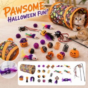 Halloween Cat Toys Set, Interactive Cat Wand, Noisy Balls, Spiky Balls, Feather Chew Toys, Indoor Kitten Play, 14 Piece Holiday Pet Activity Kit for Cat Owners, Enrichment Play