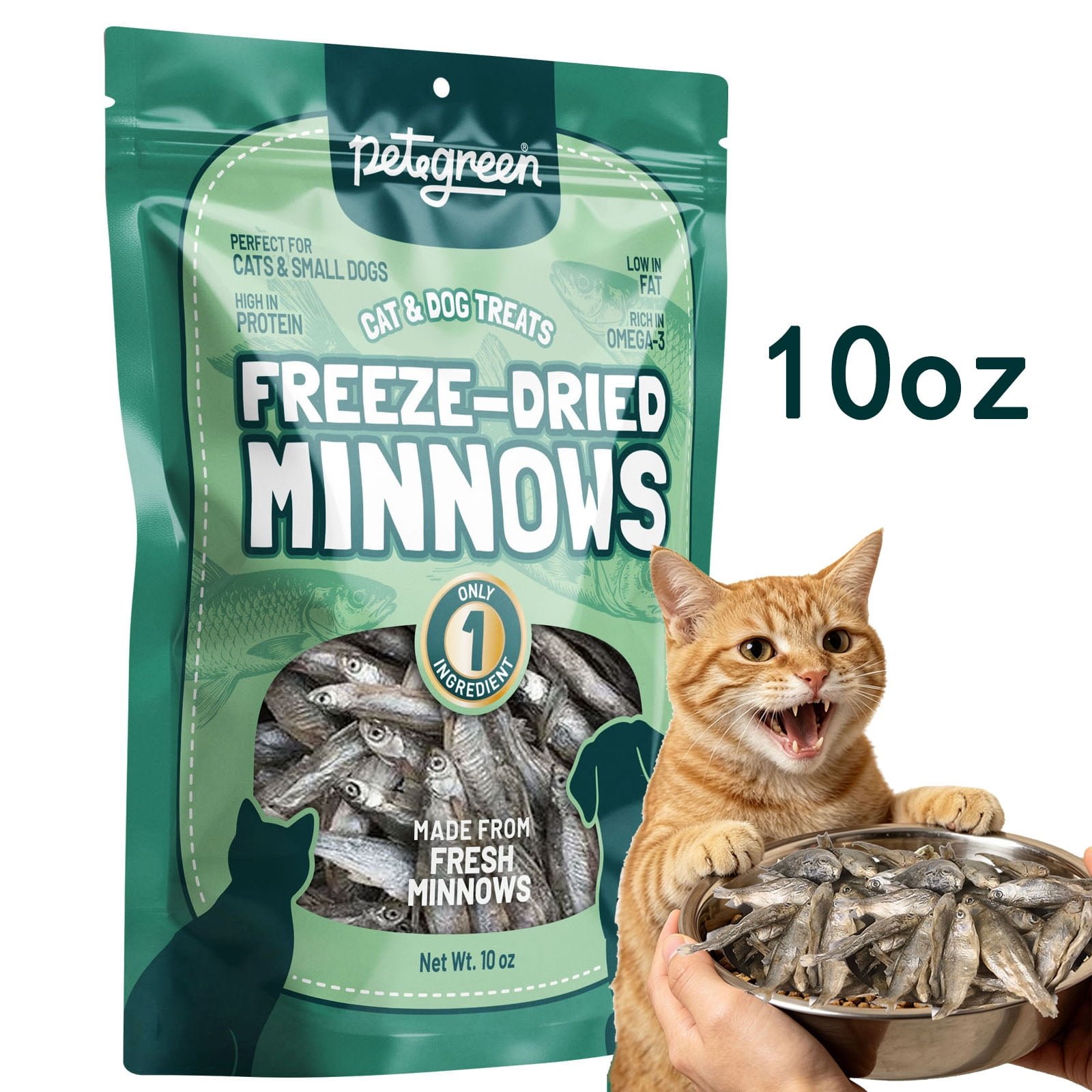 Petegreen 10 oz Freeze Dried Minnows, Single‑Ingredient, High‑Protein, Low‑Fat, Omega‑3 Rich Pet Treats for Cats & Small Dogs