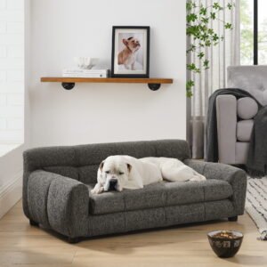 Pet Sofa with Backrest and Armrests, Breathable Linen Fabric Rectangular Dog Couch, Stable Short Leg Support, Comfort Elevated Pet Bed for Small Medium Large Dogs