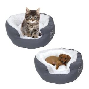 Evelots Calming Donut Cat Bed – Warm Pet Bed for Cats and Small Dogs – Anti-Anxiety Cozy Cuddler – Removable Soft Plush Cushion – Machine Washable – Non-Slip Bottom – Grey
