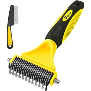 Brillirare Dematting Brush Tool + Stainless-Steel Comb, Pet Grooming Tool, 2 Sided Undercoat Blade Rake for Cat Dog, Deshedding Comb for Easy Mats & Tangles Removing, No Nasty Shedding & Flying Hair