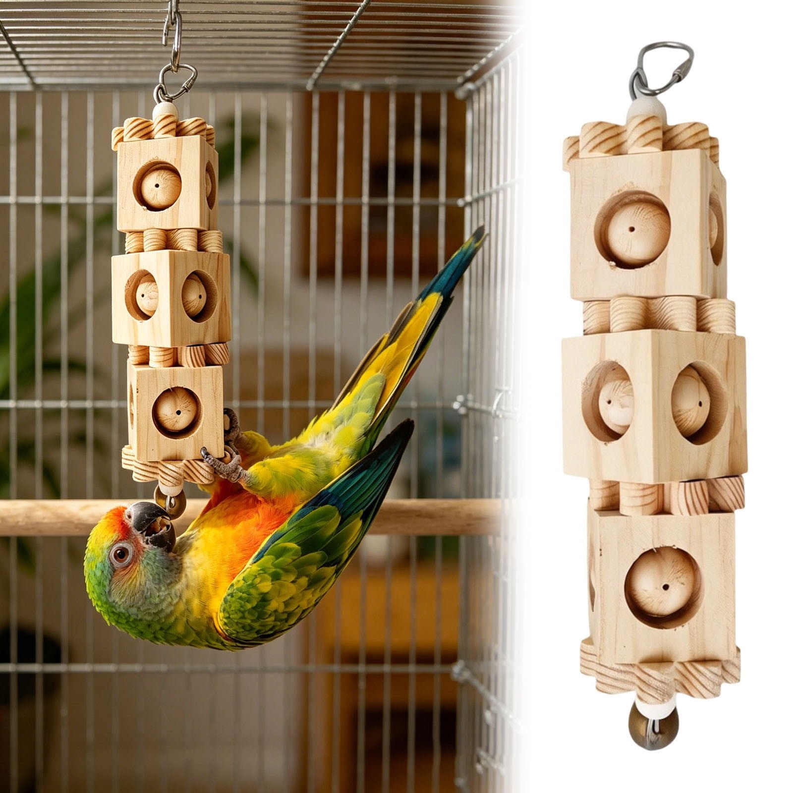 Wooden Bird Chew Toy, Hanging Parrot Foraging Blocks with Bell and Metal Hook, Cage Enrichment Toy for Small to Medium Parakeets Cockatiels Conures Caique