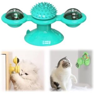 SugarBloom Interactive Windmill Cat Toy with Catnip & LED Light Ball – Fun Exercise Kick Ball Toy for Indoor Cats, Colorful Motion Teaser,Cyan