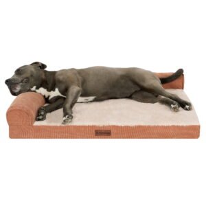 Plush & Grid Cord Orthopedic Deluxe L-Chaise Pet Bed for Dogs and Cats – Copper, Large
