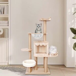 Cat Tree Tower, 52″ Multi-Level Cat Climbing Tree with Space Capsule, Condo, Perch, and Scratching Posts – Heavy Duty 33 lbs Capacity – for Large Cats, Indoor Kitten Furniture – Wood Color