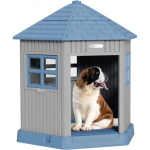 Sturdy Dog House Indoor Outdoor for Small Medium Dogs, Weatherproof Puppy Shelter with Elevated Floor & Air Vents, Easy Clean and Assemble (Blue, 36.61″ L x 29.5″ W x 37.4″ H)