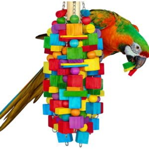 Large Bird Toys for Macaws, Cockatoos – 21.6” Heavy Duty Natural Wood XL Parrot Toys for Large Bird Chewing with SS Chain for Medium to Large Parrots, African Grey, Cockatiel, Parakeet