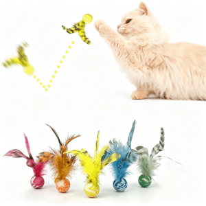 BESTSKY Feather Chase & Fetch Balls for Indoor Cats – 5 Pack Durable Rubber Cat Toys with Natural Feathers, Interactive Exercise & Hunting Play, Bouncy Balls for Active Kittens and Adult Cats