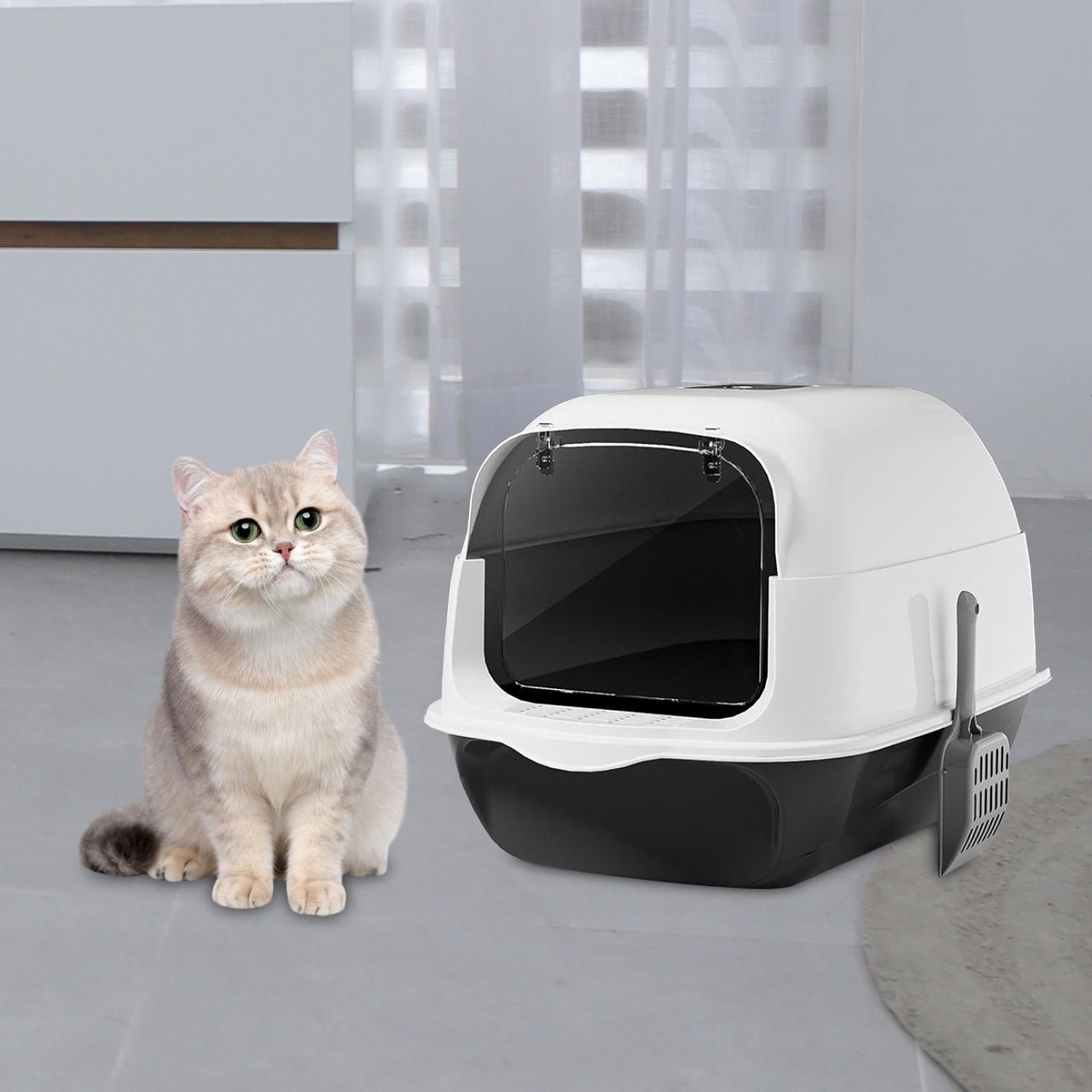 balikha Hooded Cat Litter Box Kitten Potty Large Pet Accessories Detachable Sandbox Reusable Large Capacity Cat Toilet Pet Litter Box , Black