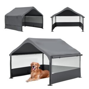 Extra Large Gray Outdoor Dog House Tent, 3‑Sided Roll‑Up Mesh Windows, UPF 50+ Sun Rain Pet Shelter With Canopy & Ground Stakes For Dogs, Cats & Livestock, 4′ x 4′ x 3.3′