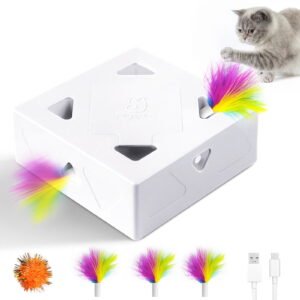 Migipaws Interactive Cat Toys -Migibox for Indoor Bored Cats, Automatic Pop Out Feathers from 7 Holes Randomly, Motion Activated, USB Rechargeable