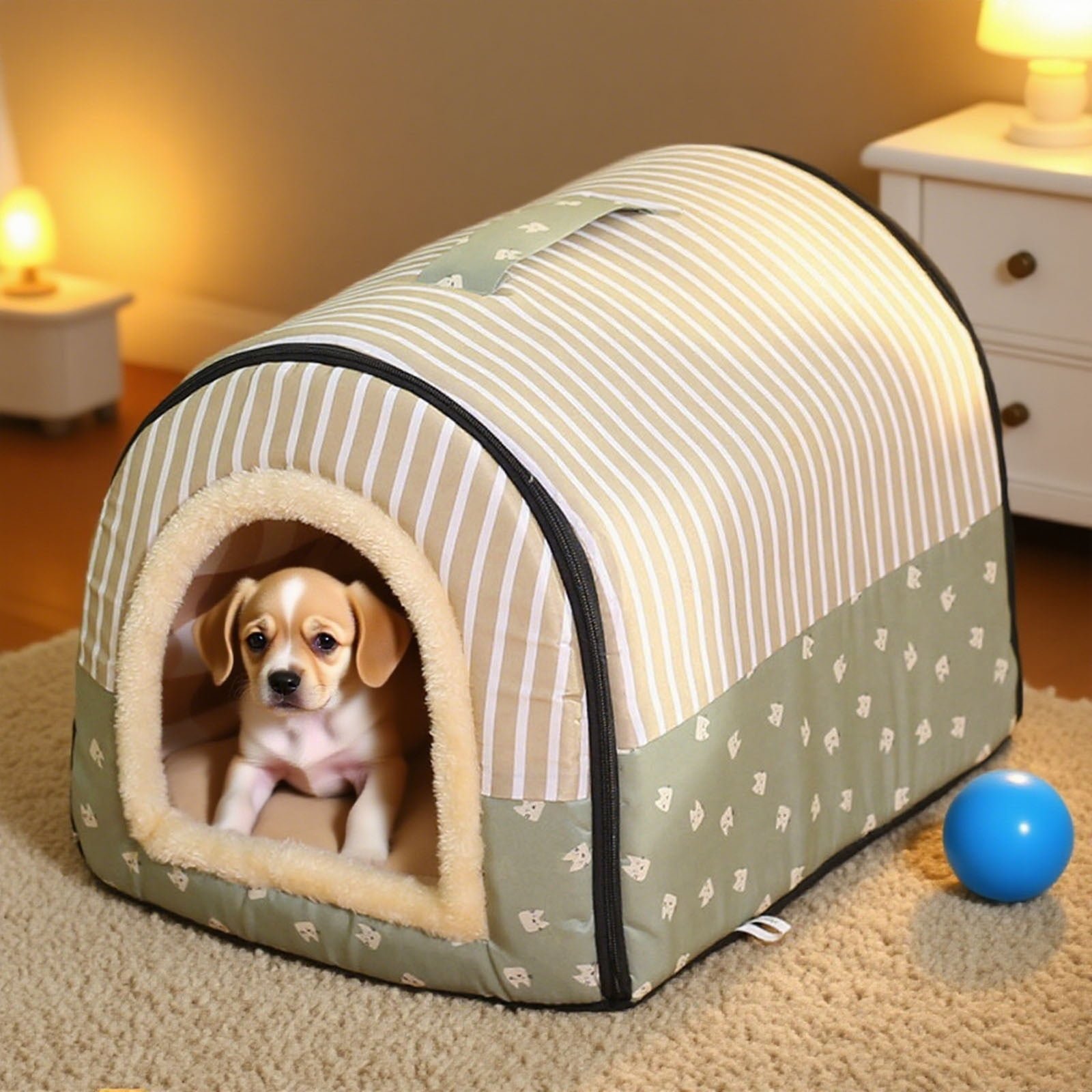 Self-Warming Dog Bed House with Removable Washable Cover – Indoor Pet Bed for Cats and Small Dogs, Faux Shag Mat for Joint Support and Comfort