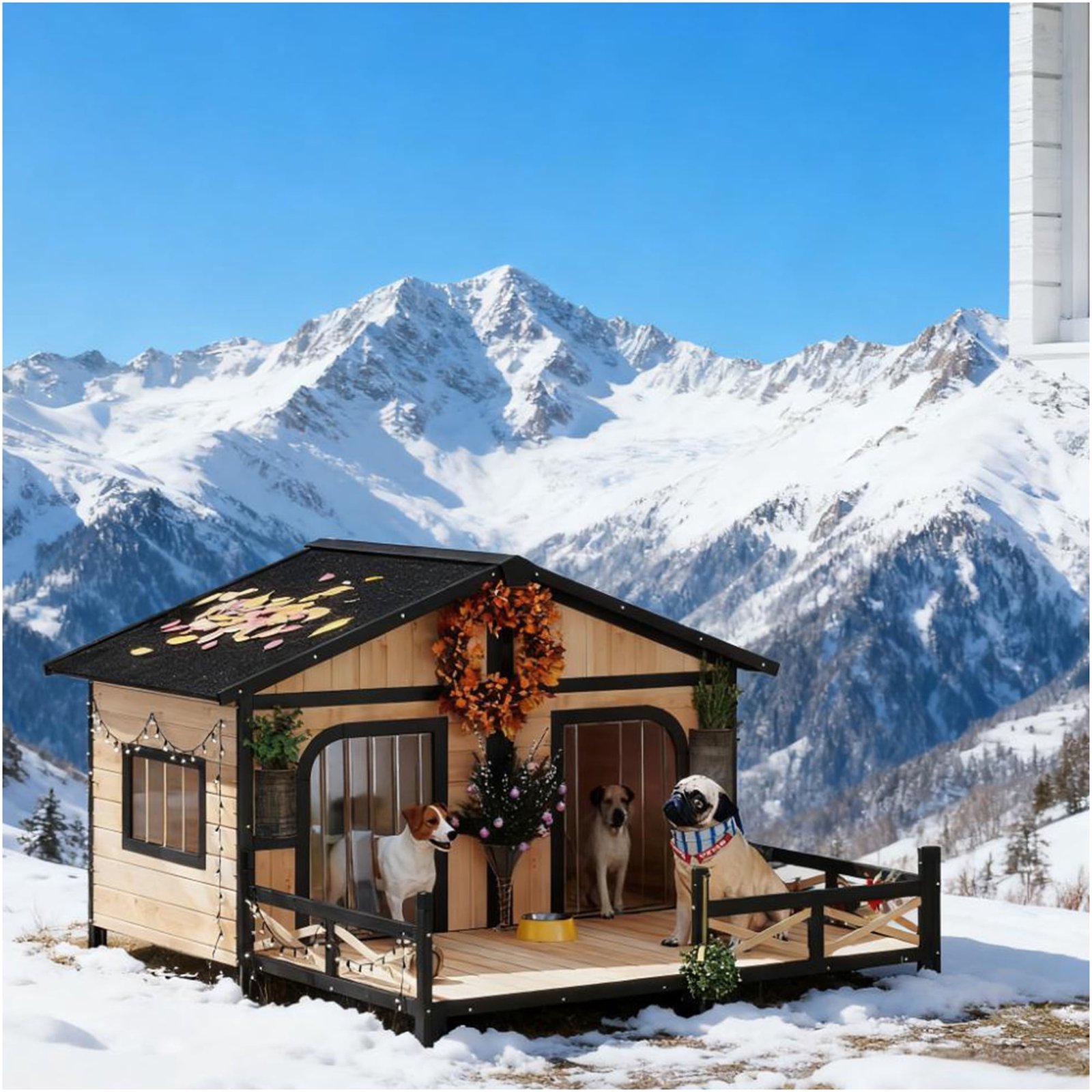 JERFIT Insulated Wooden Dog House with Porch, 2-Room Design, Removable Floor & Roof for Easy Cleaning, Outdoor Weatherproof Kennel for Small Medium Dogs