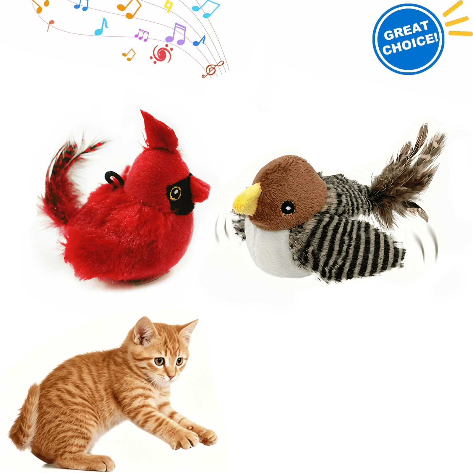 LANHUE Interactive Cat Toys (No Flying) with Bird Sounds for Indoor Cats to Play Alone and Squeak, Melody Chaser Play and Squeak Kitten Toy for Boredom, 2-Pack