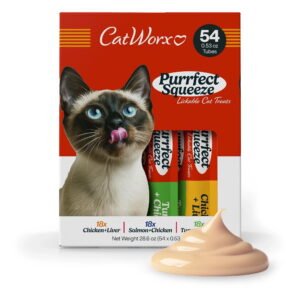 Chewmasters Catworx Purrfect Squeeze Lickable Soft Cat Treats, 54 Pack – Creamy Purée Squeeze Tubes for Kittens and Adult Cats – Hand Feeding Snack or Food Topper – Training Reward, 0.53 Ounce
