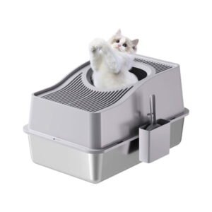 Garvee Enclosed Top-Entry Cat Litter Box with Stainless Steel Cover and High Sides, 60x40x39.5cm with Accessories and 20cm Grey Base