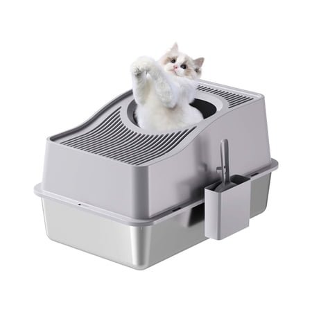 Garvee Enclosed Top-Entry Cat Litter Box with Stainless Steel Cover and High Sides, 60x40x39.5cm with Accessories and 20cm Grey Base