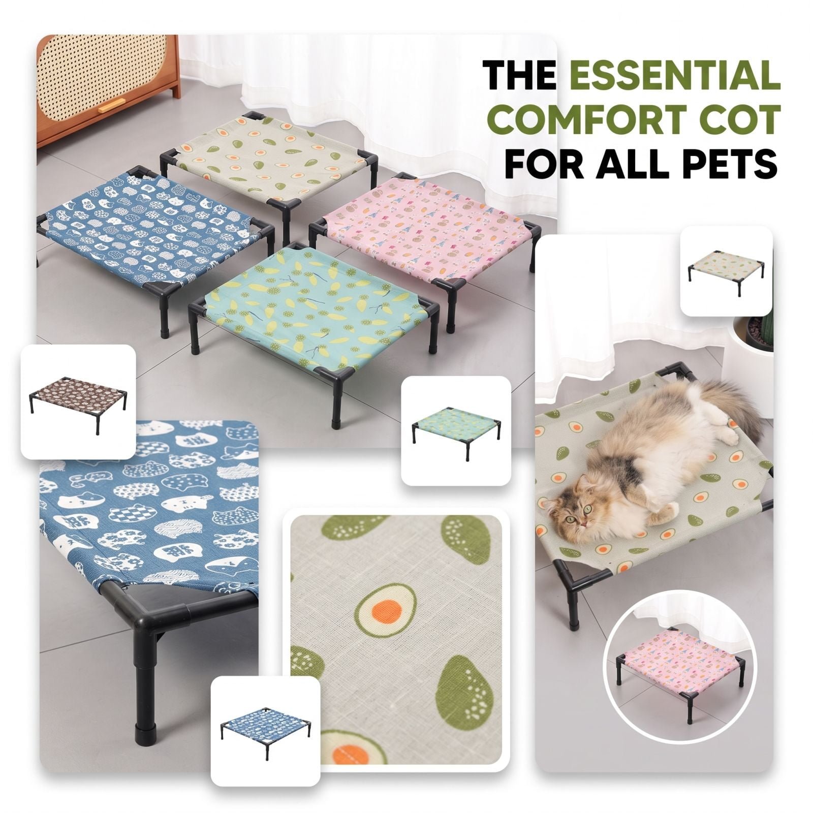Elevated Dog Bed Avocado Print Pet Cot Cooling Breathable Raised Bed for Small Medium Pets Indoor Outdoor Use 24 X 20 Inch
