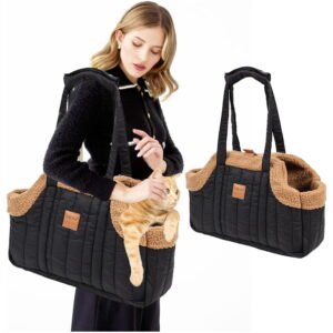 Newborn Dog Purse Carrier for Puppy,Small Dogs, Cats, Winter Fleece Warm Dog Tote Bag with Secure Harness Clip , Pet Travel Shoulder bag,Black