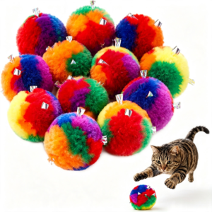 BESTSKY 20 Pcs Cat Crinkle Balls 3.15 Inch Large Pom Pom Ball Toys for Indoor Outdoor Pets, Kitty Yarn Puffs Assorted Color Plush Soft Balls Fuzzy Kitty Toy for Pet Cat