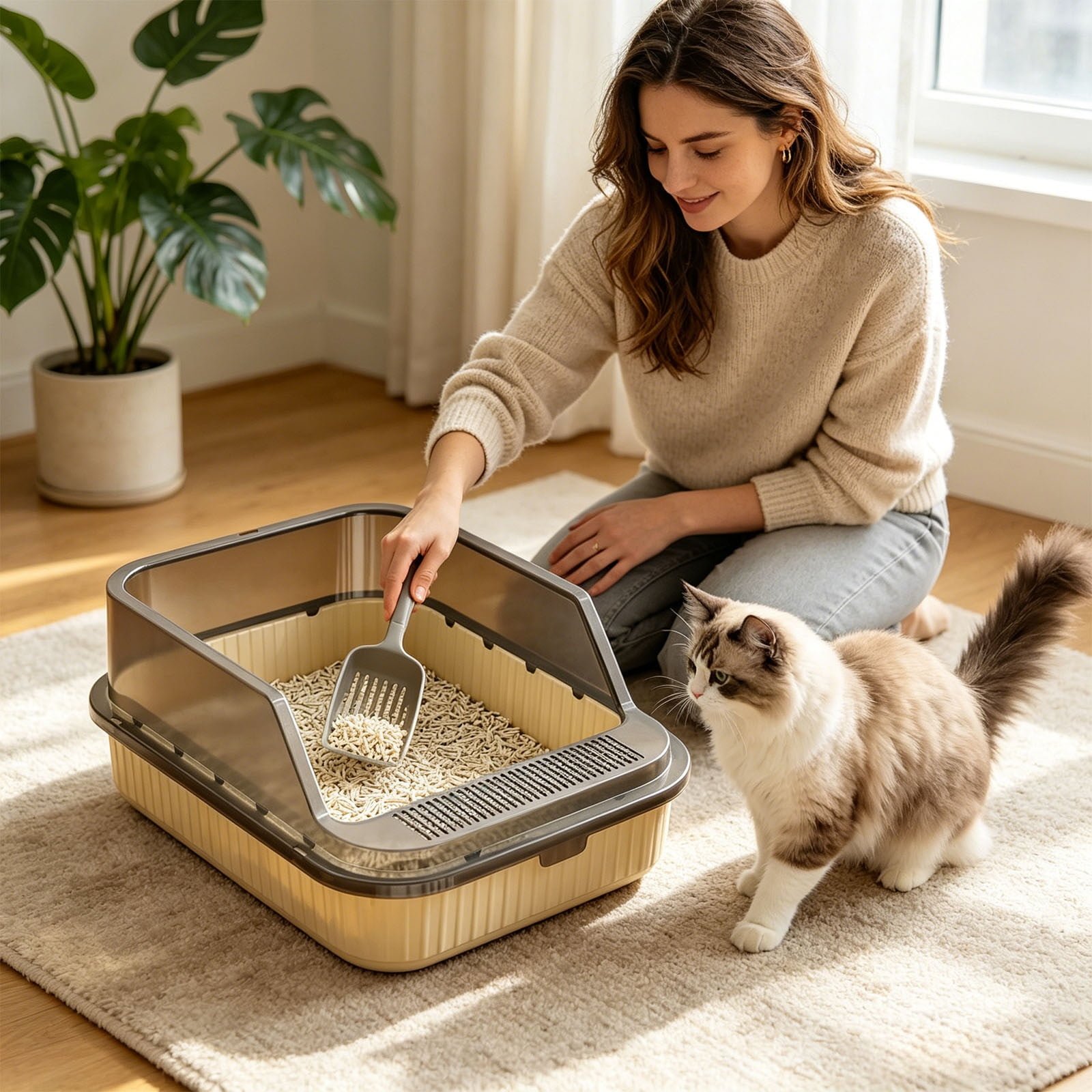 Kitten Indoor Waste Basin Semi Enclosed Poop Container Litter Shovel Accessory Cat Litter Supplies Spray Proof Litter Box