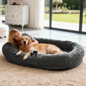 Cefftey 71″ Human Dog Bed for Adult, Oversized Orthopedic Memory Foam Pet Bed with Pillow & Blanket, Washable Cover, for Home & Dorm, Dark Grey
