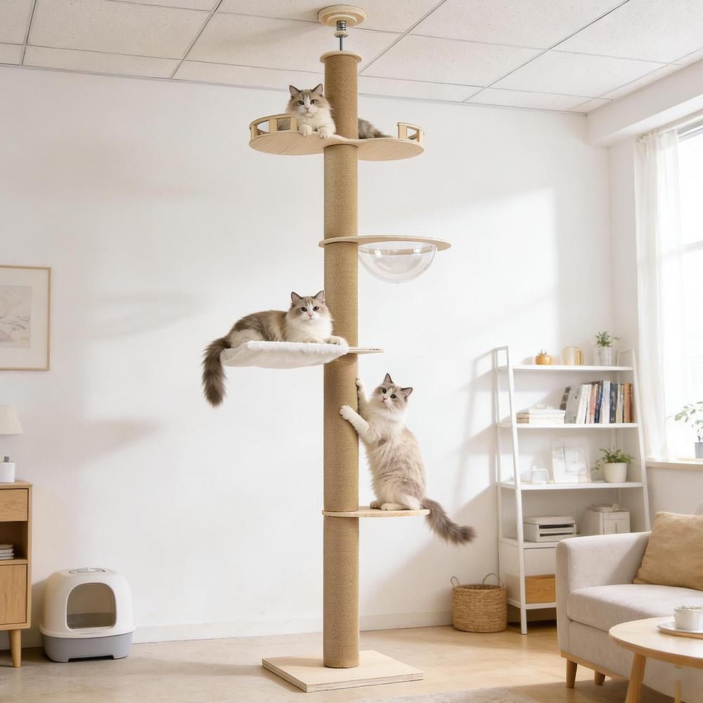 Tall Cat Tree Floor to Ceiling 102-104 in, Sturdy Modern Cat Climbing Tree with Natural Sisal Rope Scratching Post and Activity Platforms