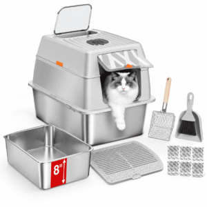 8″ Gray no Sifter XXL Stainless Steel Cat Litter Box with Lid and Accessories