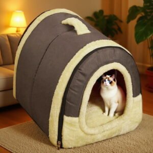 Tvtnvo Indoor Dog House Dog Bed for Pets and Small Dogs with Removable Washable Cover Self Warming Artificial Shag Raised Rim Neck Support Orthopedic Cozy Cave Bed for Home Use 13.7×11.8×11.8in Brown