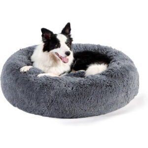 Anti-Anxiety Donut Bed for Medium Dogs – 31.5″ Machine Washable Faux Fur Pet Bed with Non-Slip Base, Calming Cuddle Nest for Cats & Puppies Up to 48 lbs, Grey