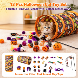 13 Pcs Halloween Cat Toy Set, Foldable Print Cat Tunnel with Feather Teaser Wand, Interactive Kitten Enrichment Play Toys for Holiday Daily Entertainment