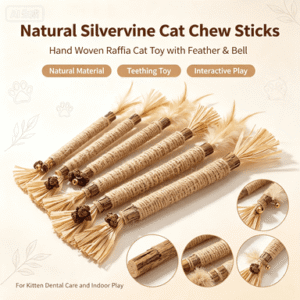 Natural Silvervine Cat Chew Sticks, Hand Woven Raffia Cat Toy with Feather & Bell, Interactive Kitten Teething Toy