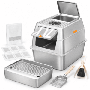8″ Gray no Sifter XXL Stainless Steel Cat Litter Box with Lid and Accessories