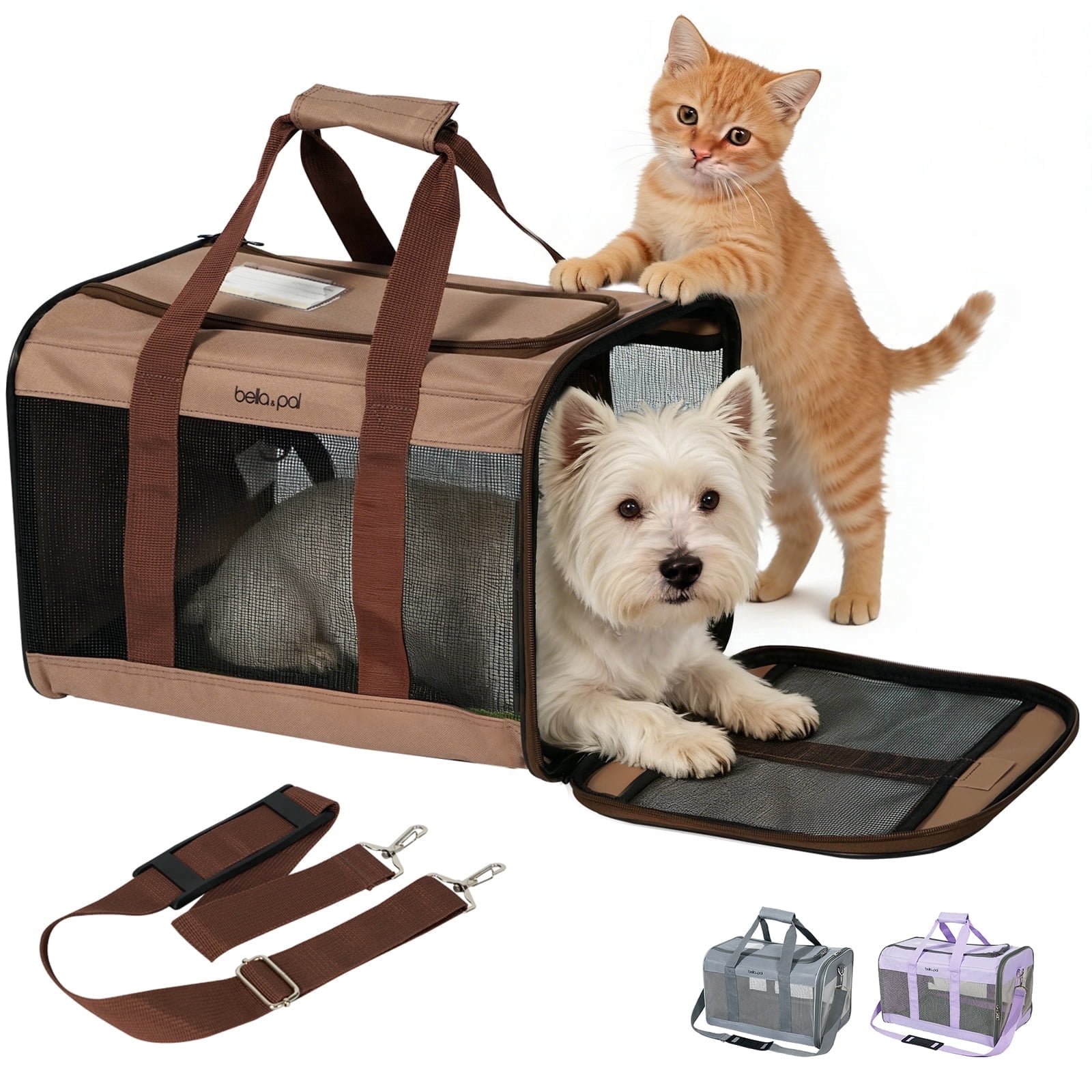 BELLA & PAL Dog Carrier for Small Dog, Airline Approved Pet Carrier for Cats & Puppy up to 18lbs, Soft Sided Collapsible Travel Carrier with Shoulder Strap, Choco Brown