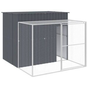 Dog House with Run Anthracite 84.3″x99.6″x71.3″ Galvanized Steel W Roof, Mesh Panels, Lockable Door, Spacious Outdoor Kennel for Play and Training
