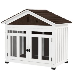 40″L Wooden Dog House for Small, Medium, Large Dogs – Indoor/Outdoor Kennel with Air Vents, Elevated Removable Floor, Magnetic Door Lock