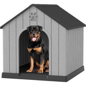 Large Dog House for Outdoor & Indoor, Waterproof Puppy Shelter with Air Vents & Elevated Floor, Easy Assemble Sturdy Dog Kennel for Large Dogs (Black, 36.2”L×38”W×38”H)