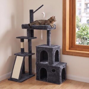 LAZY BUDDY Cat Tree Tower with Scratching Post, Cat Indoor Activity Center Climbing Tree with Scratching Board & Condos