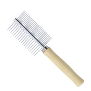 Nebwoak Pet Comb for Dogs and Cats, Stainless Steel Dual Sided Grooming Comb with Wooden Handle, High-Low Teeth Deshedding Tool, Anti-Static, Easy to Clean
