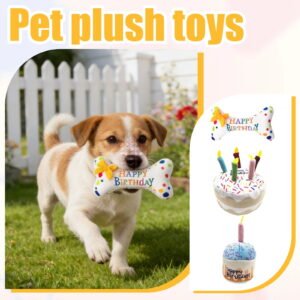 Pet Birthday Cake Plush Toys, Birthday Dog Toys, Interactive Dog Toys, Dog Birthday Gift, 9X5X4 in Squeaky Sound Design for Puppy Birthday Themed Playtime and Daily Entertainment