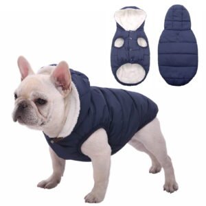Dog Fleece Hoodie, Windproof Waterproof Dog Coat Fleece & Cotton Lined Warm Dog Jacket, Cold Weather Pet Apparel Clothes Vest for Small Medium Large Dog (L: Length 15″, Chest 17.3″-20″, Blue)