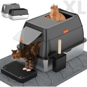 Extra Large Stainless Steel Cat Litter Box with Enclosure, Dual Entry Options & Accessories Included