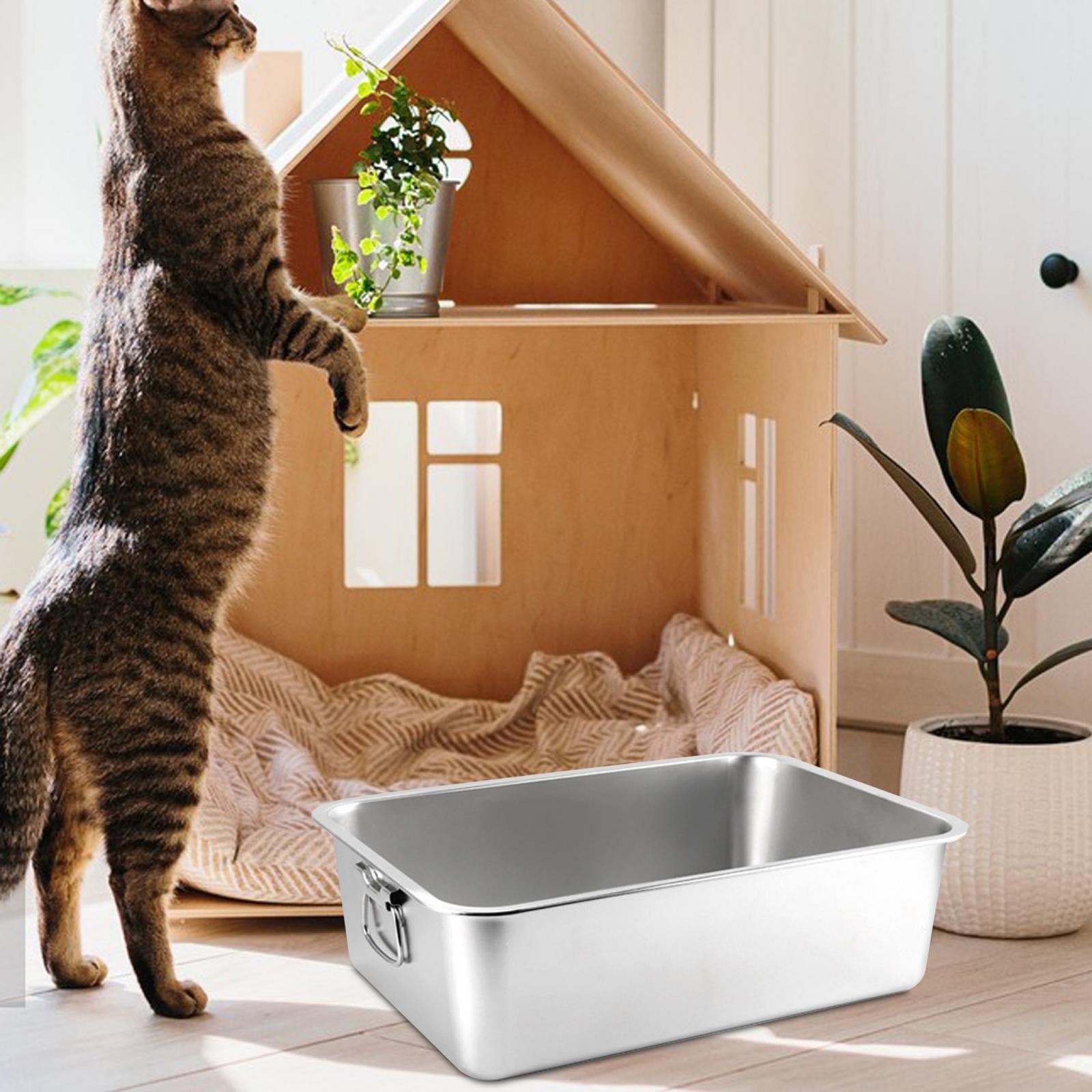 balikha Cat Litter Box Kitten Toilet Stainless Steel Open Top Pet Litter Tray Large Capacity Sturdy Cat Litter Container Easy to Clean, Pets Accessories 60x40x10cm w Handle