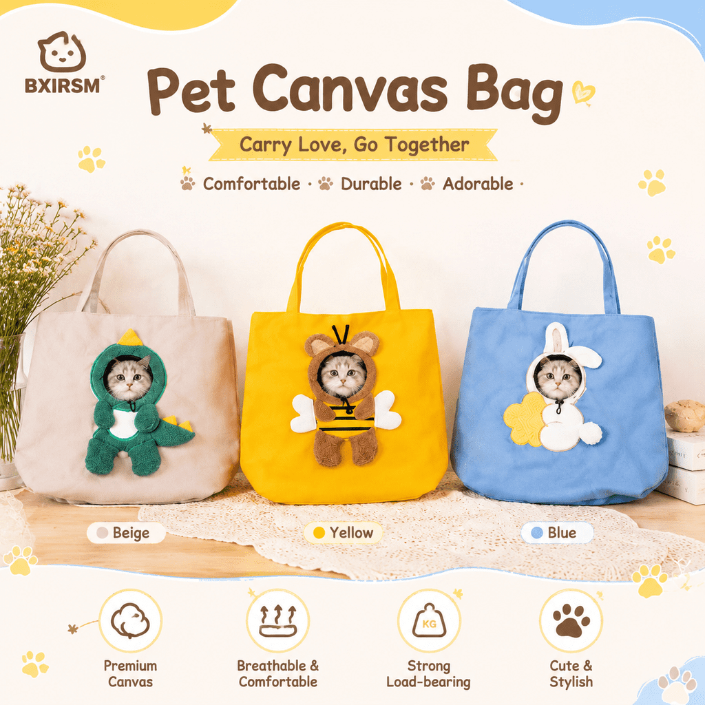 3D Plush Pet Canvas Tote Bag Head-Out Carrier for Cats Small Dogs Cute Bee Bunny Dinosaur Shoulder Handbag Portable Travel Purse 17.3×17.3in