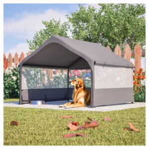 Large Dog House Tent Outdoor, 4x4ft Pet Shelter with Mesh, UV Protection & Steel Frame – Gray